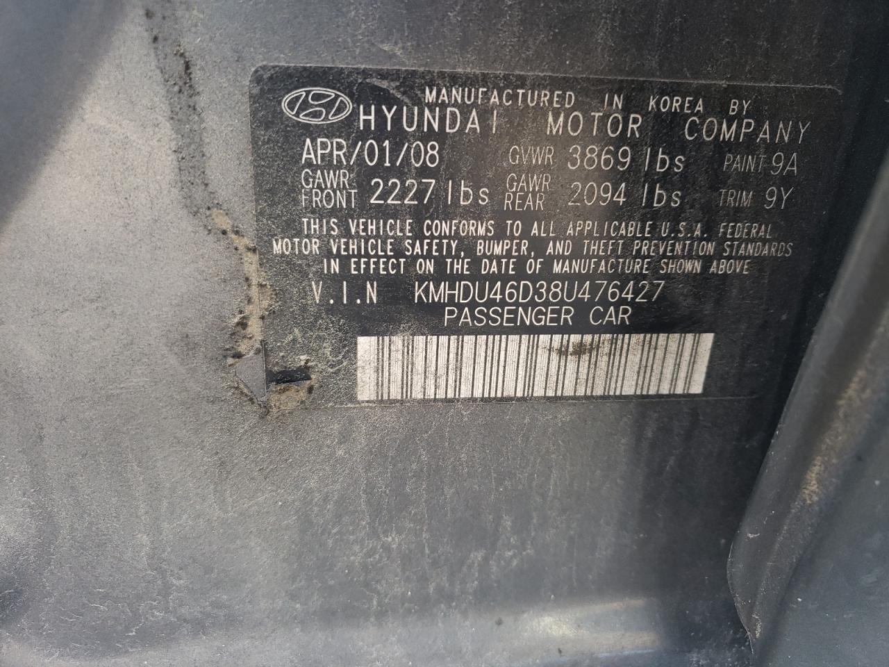 HYUNDAI ELANTRA 2008 VIN KMHDU46D38U476427 zdjęcie 12