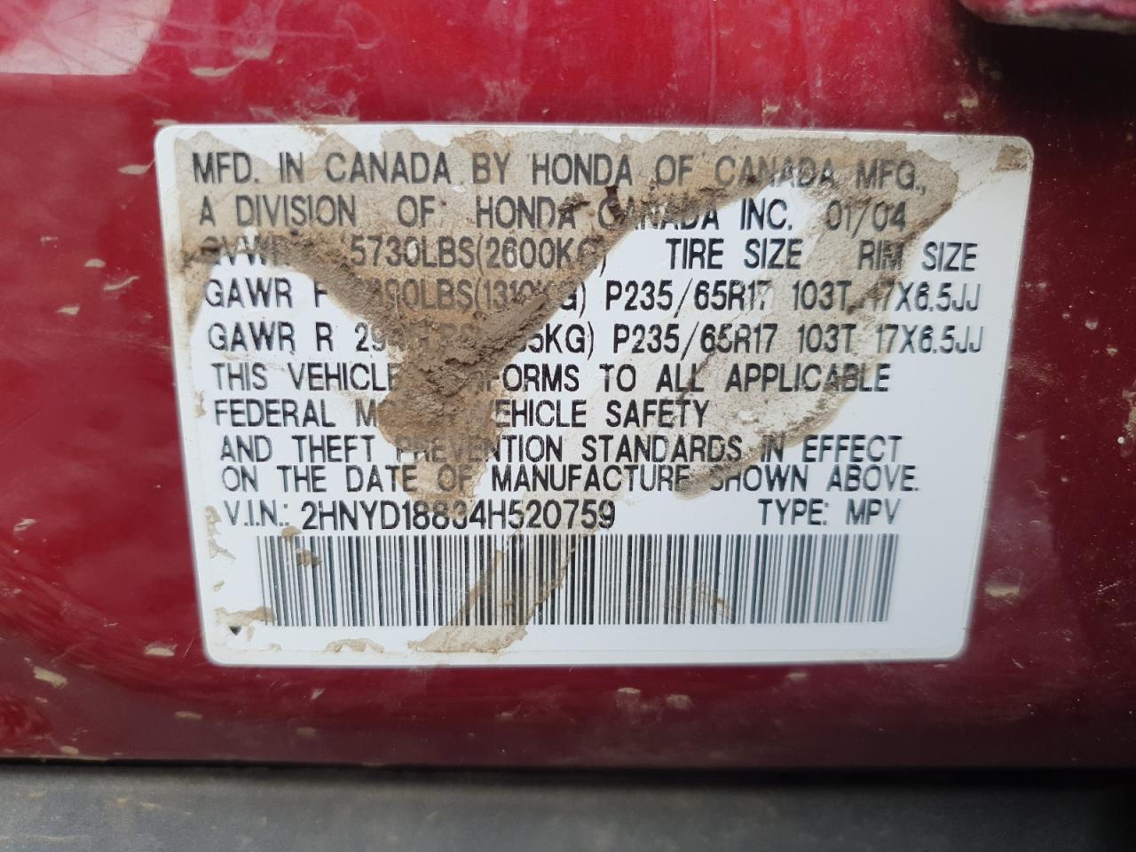 2004 Acura Mdx Touring VIN: 2HNYD18834H520759 Lot: 62387255