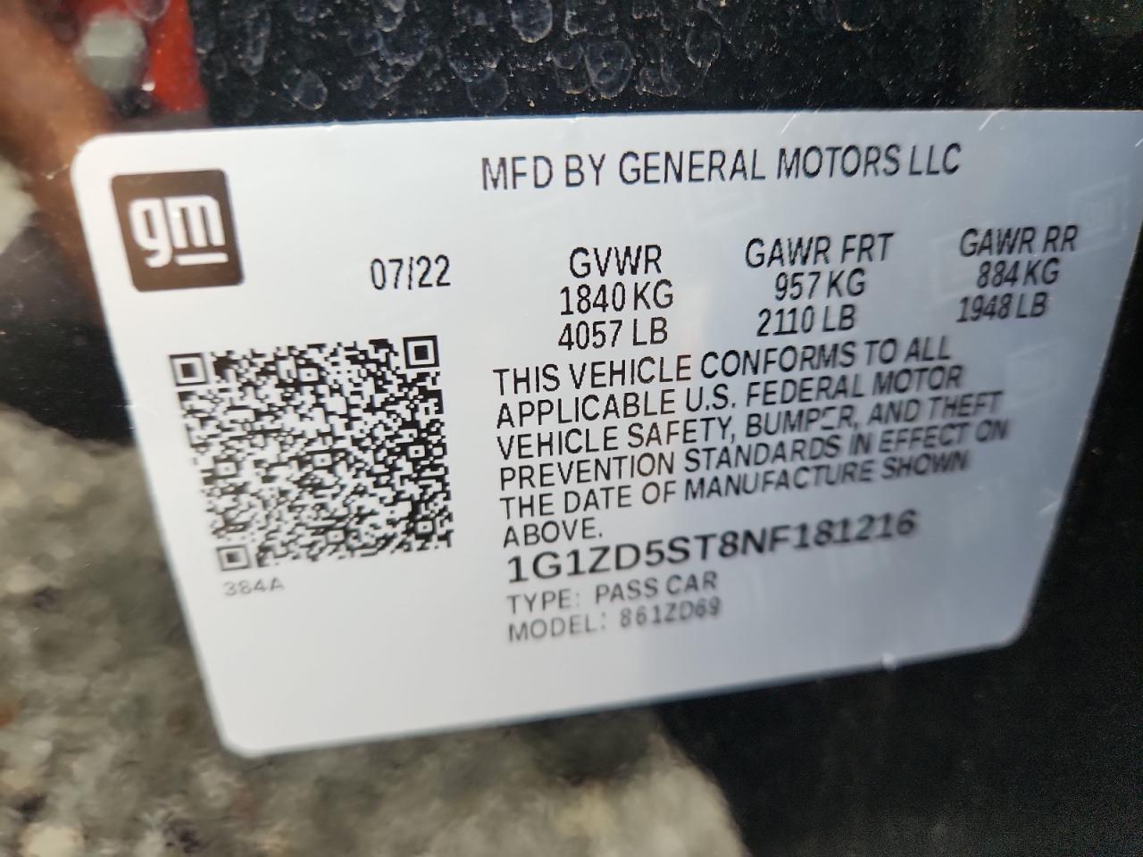 2022 Chevrolet Malibu Lt VIN: 1G1ZD5ST8NF181216 Lot: 61162695