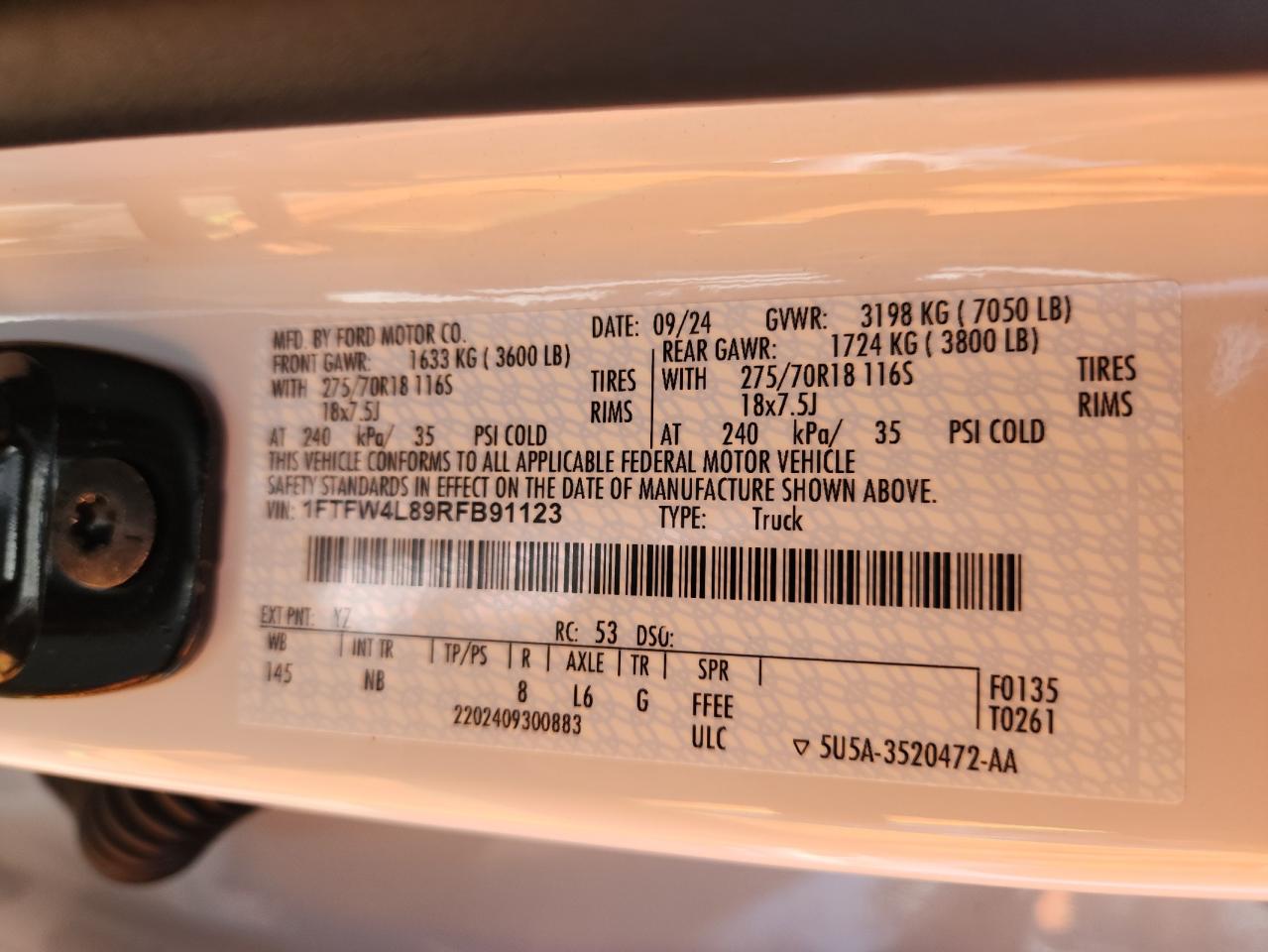 2024 Ford F150 Tremor VIN: 1FTFW4L89RFB91123 Lot: 60924315