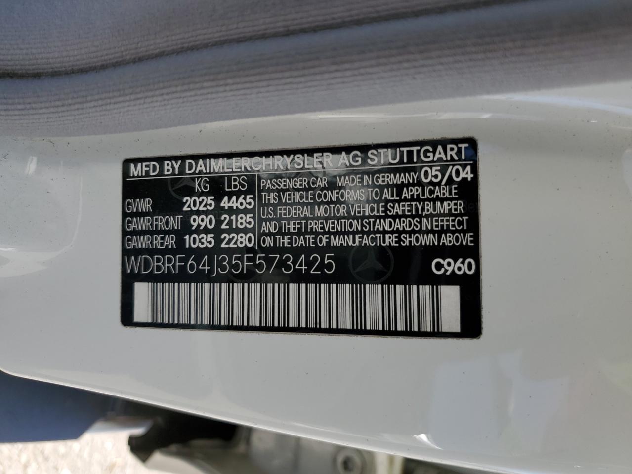 2005 Mercedes-Benz C 320 VIN: WDBRF64J35F573425 Lot: 60815455