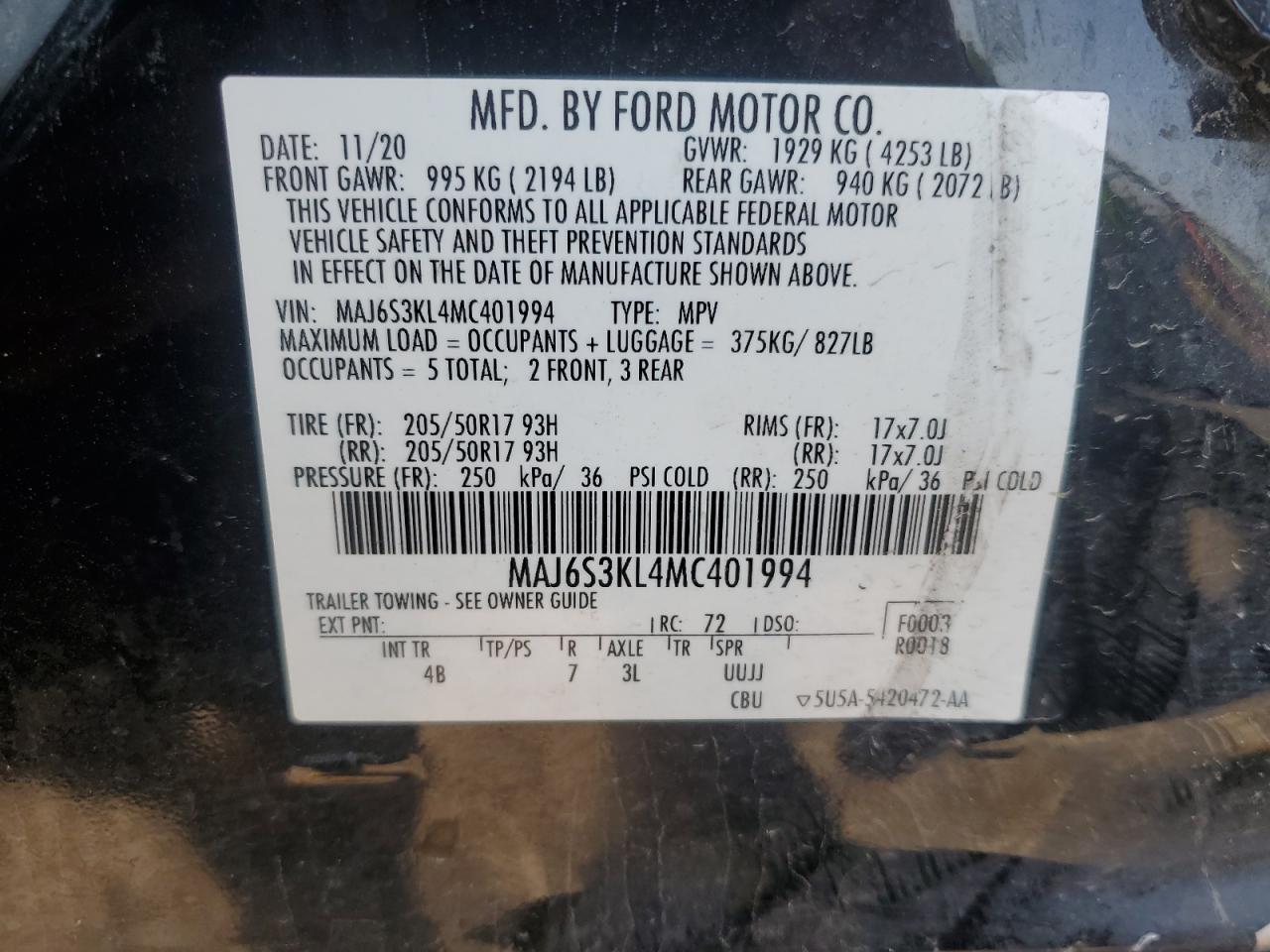 2021 Ford Ecosport Titanium VIN: MAJ6S3KL4MC401994 Lot: 62309765