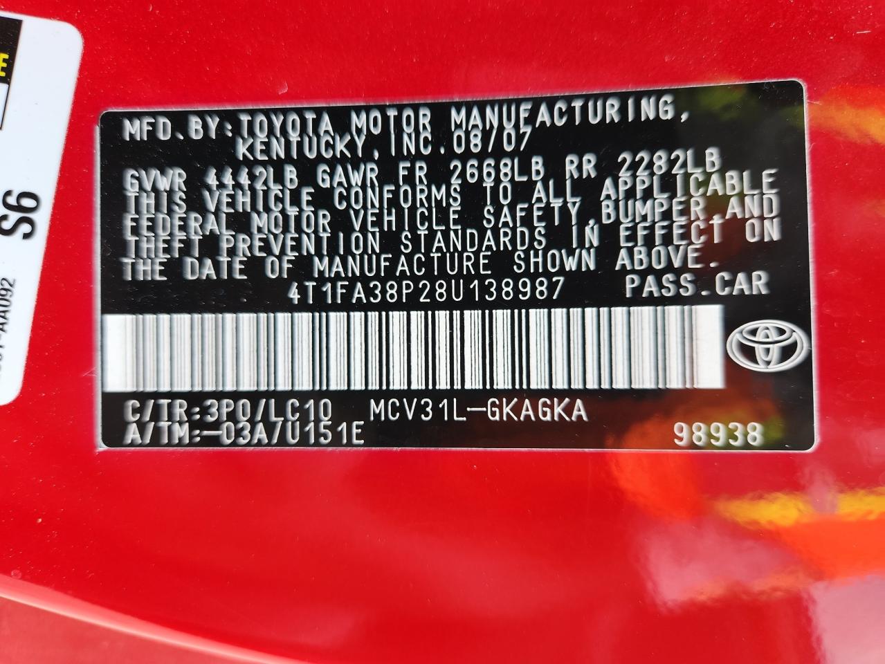 2008 Toyota Camry Solara Se VIN: 4T1FA38P28U138987 Lot: 63240185