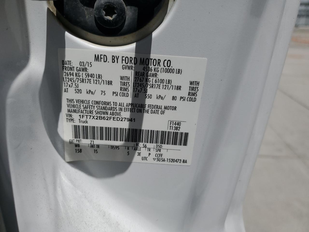 2015 Ford F250 Super Duty VIN: 1FT7X2B62FED27941 Lot: 57691615