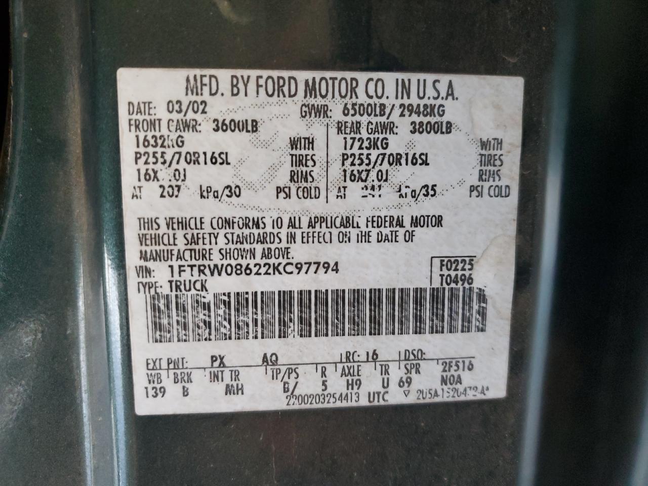 2002 Ford F150 Supercrew VIN: 1FTRW08622KC97794 Lot: 61392115