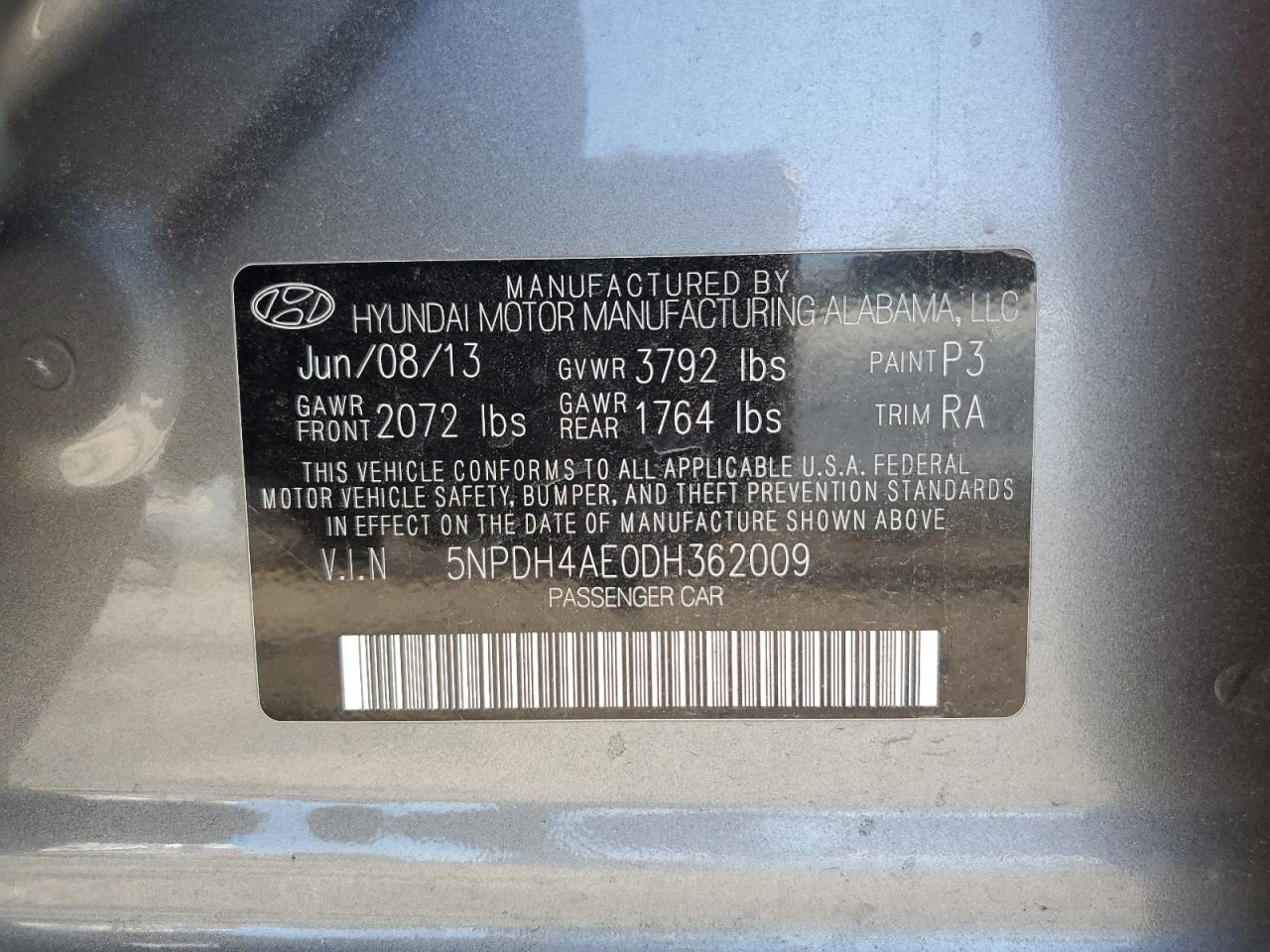 2013 Hyundai Elantra Gls VIN: 5NPDH4AE0DH362009 Lot: 61252105