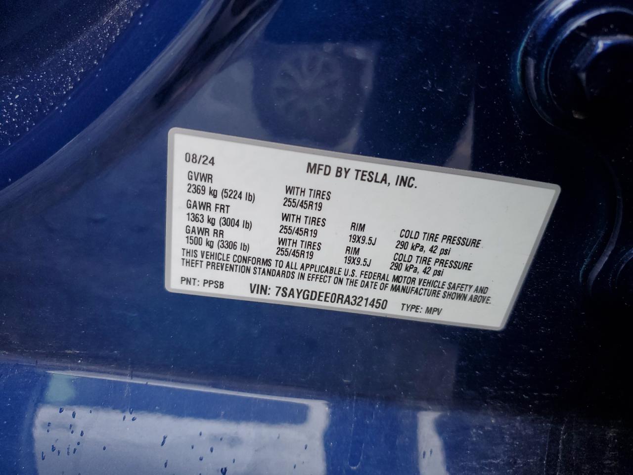 2024 Tesla Model Y VIN: 7SAYGDEE0RA321450 Lot: 62895085