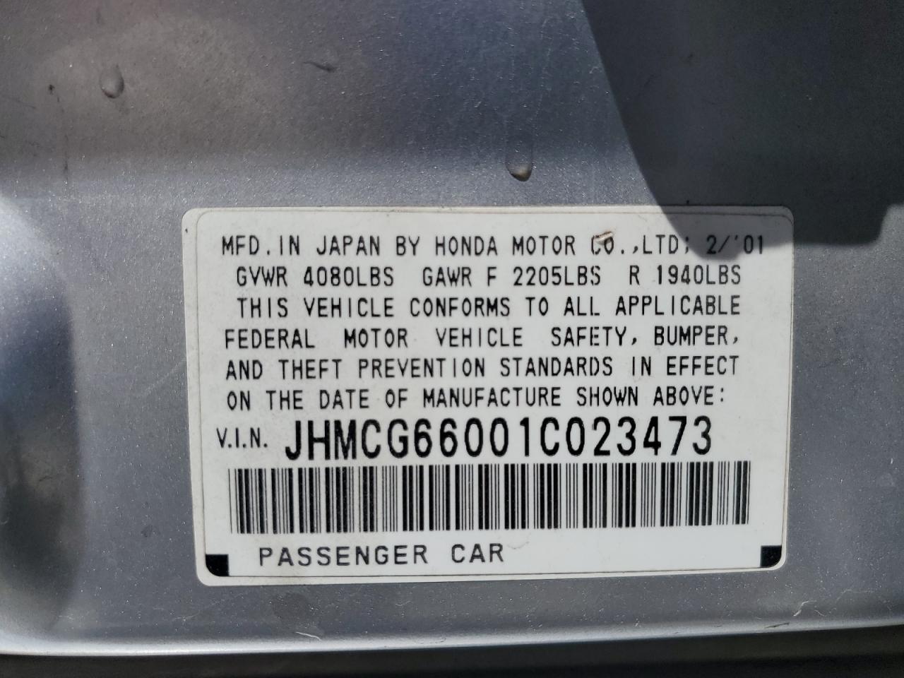 2001 Honda Accord Ex VIN: JHMCG66001C023473 Lot: 61009555