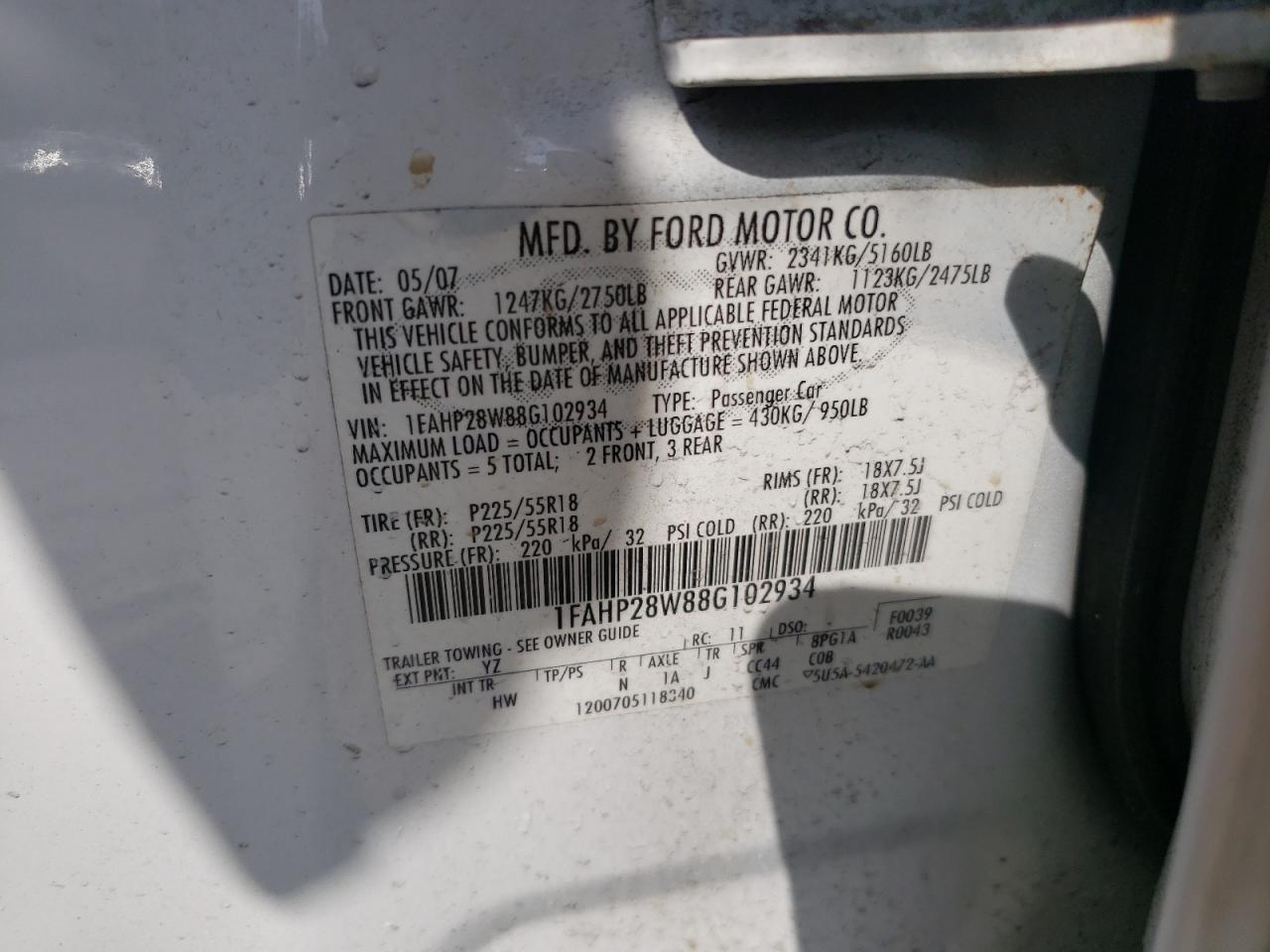 2008 Ford Taurus Limited VIN: 1FAHP28W88G102934 Lot: 62055985