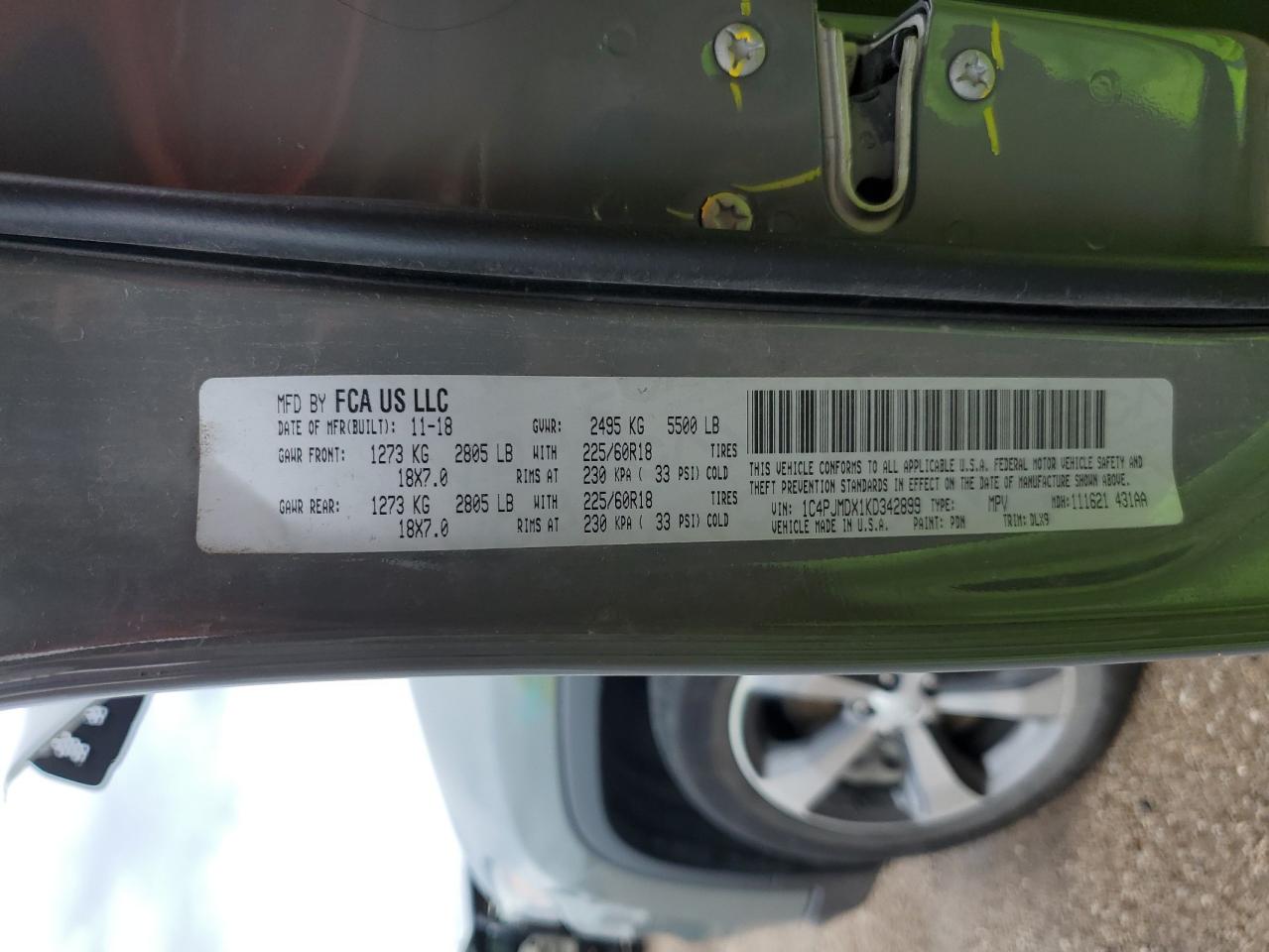 2019 Jeep Cherokee Limited VIN: 1C4PJMDX1KD342899 Lot: 61637795