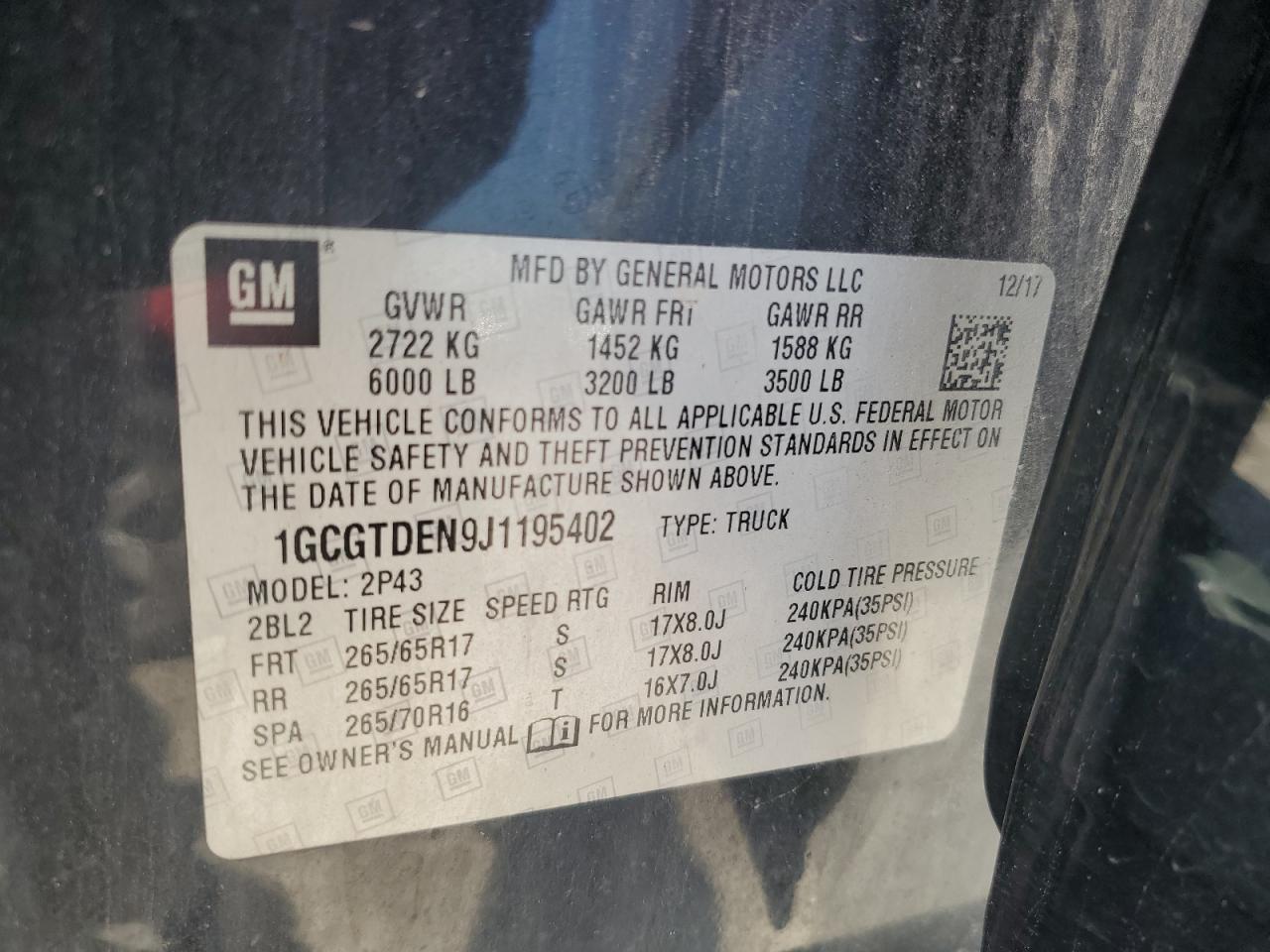 2018 Chevrolet Colorado Z71 VIN: 1GCGTDEN9J1195402 Lot: 61669565