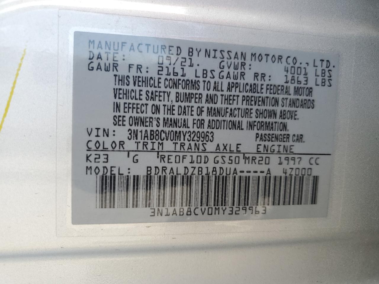 2021 Nissan Sentra Sv VIN: 3N1AB8CV0MY329963 Lot: 60465945