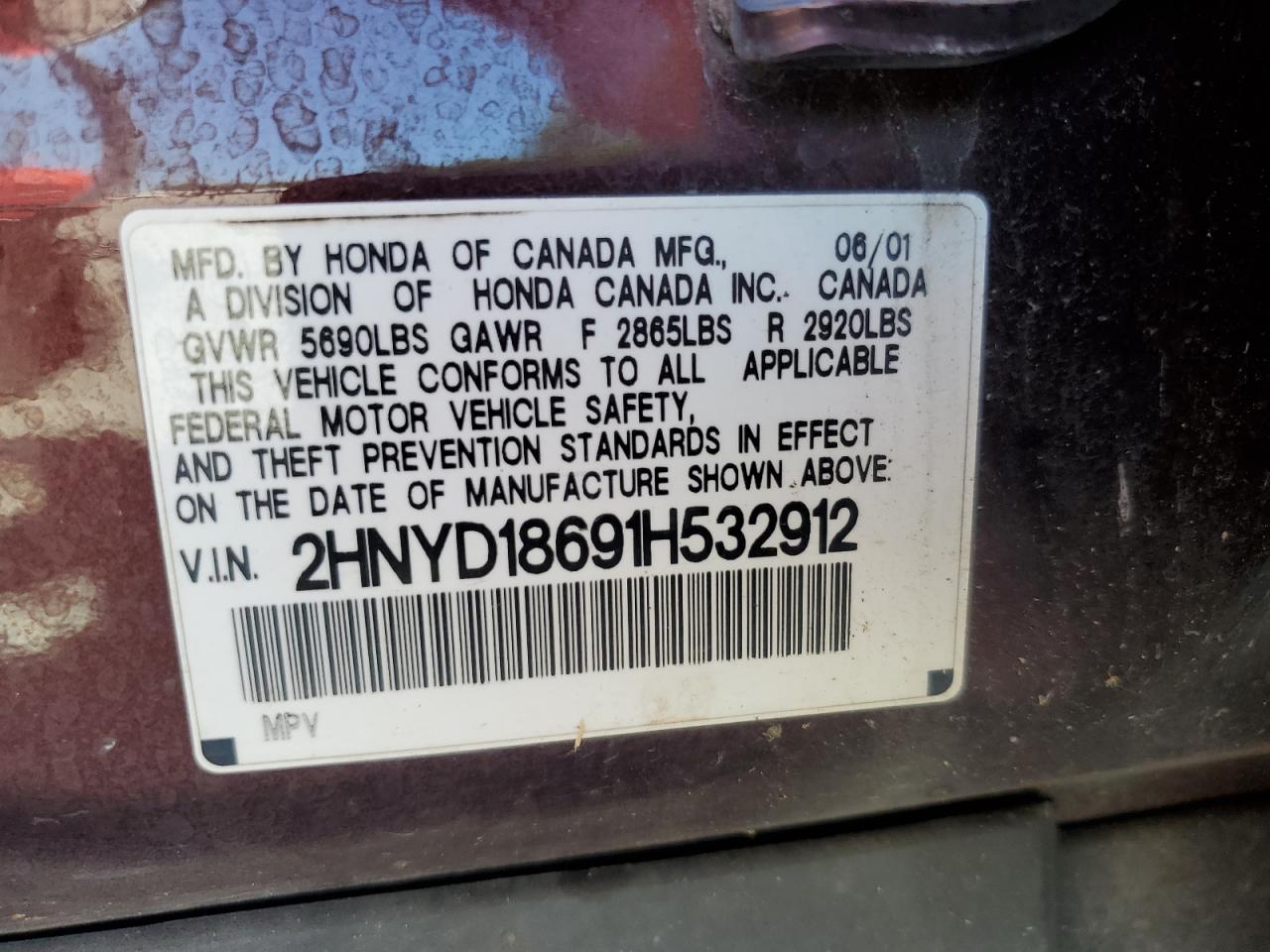 2001 Acura Mdx Touring VIN: 2HNYD18691H532912 Lot: 62770505