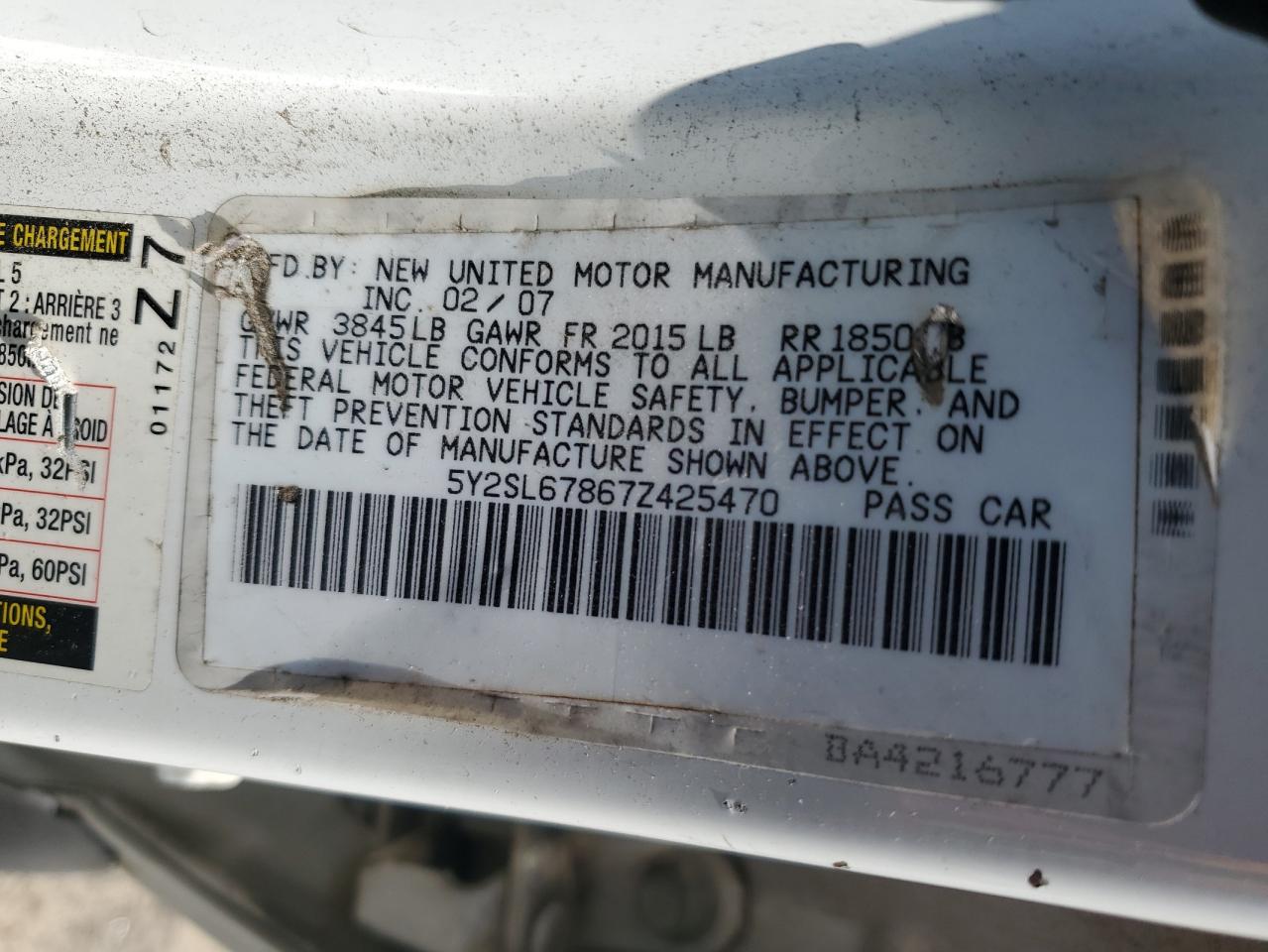 2007 Pontiac Vibe VIN: 5Y2SL67867Z425470 Lot: 62606075