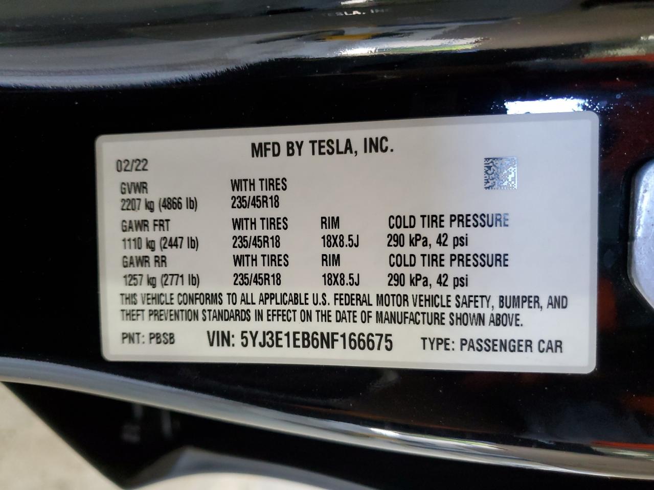 2022 Tesla Model 3 VIN: 5YJ3E1EB6NF166675 Lot: 61840015