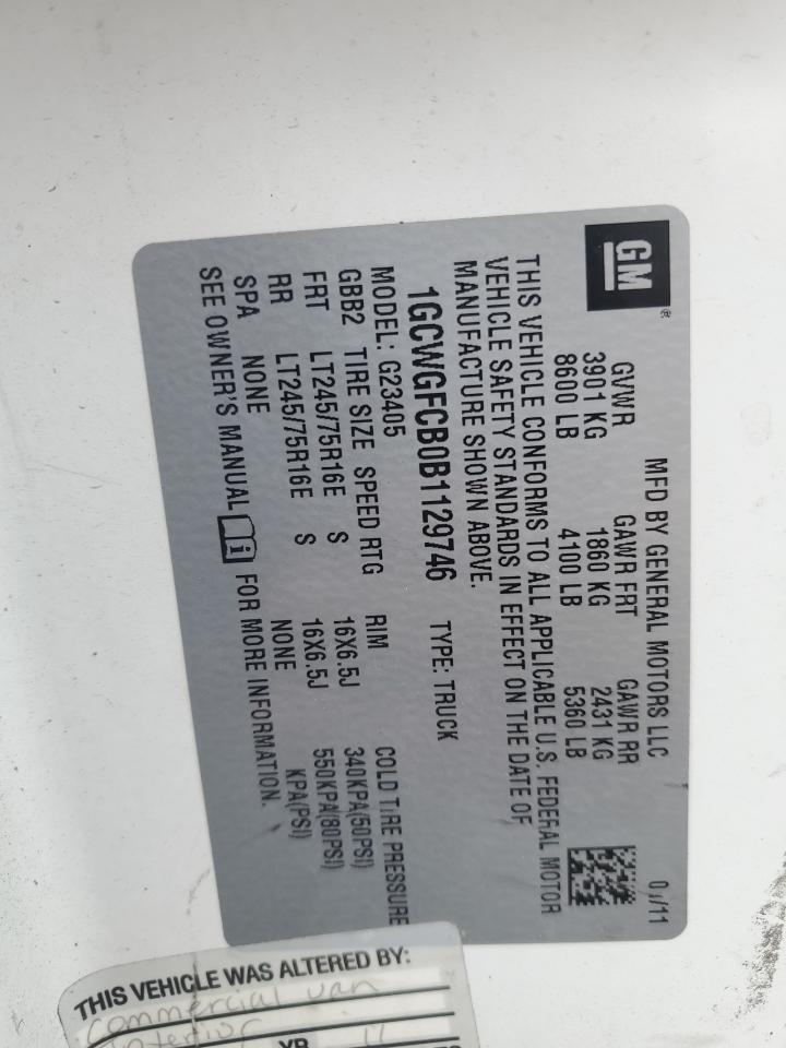 2011 Chevrolet Express G2500 VIN: 1GCWGFCB0B1129746 Lot: 62460395