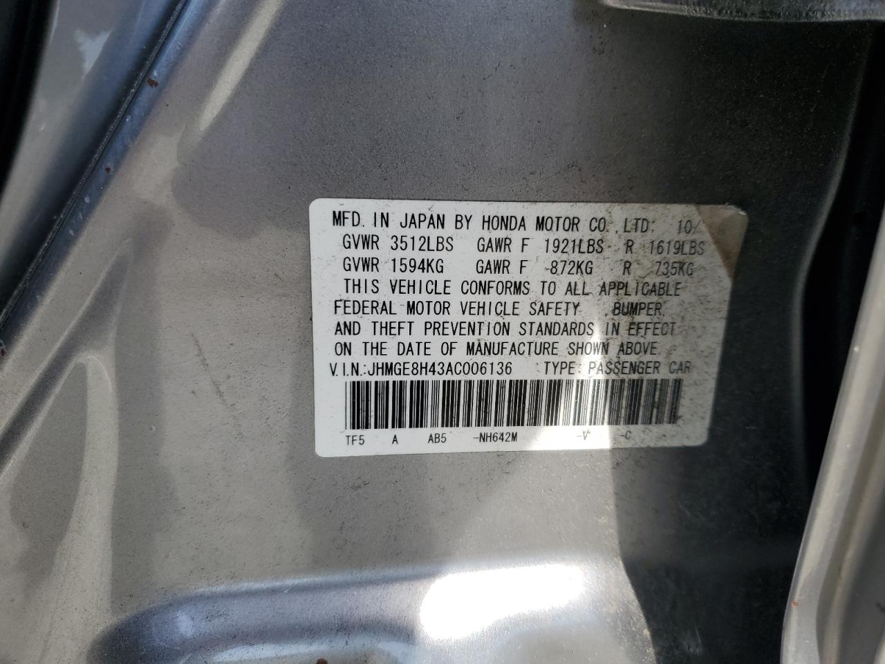 2010 Honda Fit Sport VIN: JHMGE8H43AC006136 Lot: 61164985
