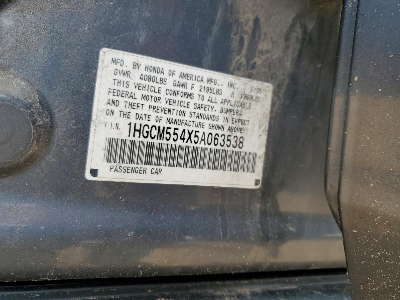 HONDA ACCORD 2005 VIN 1HGCM554X5A063538 zdjęcie 12