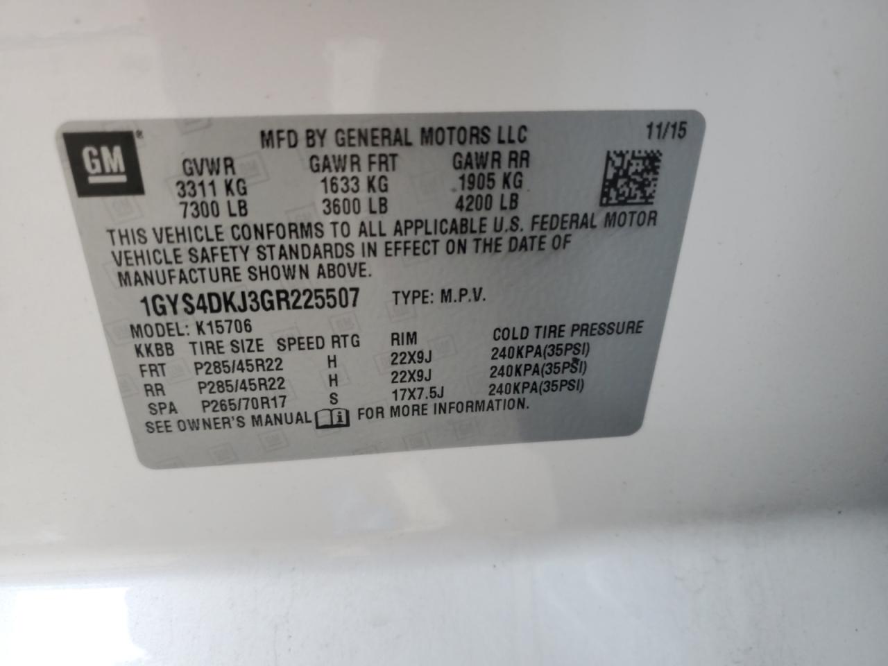 2016 Cadillac Escalade Platinum VIN: 1GYS4DKJ3GR225507 Lot: 59006545