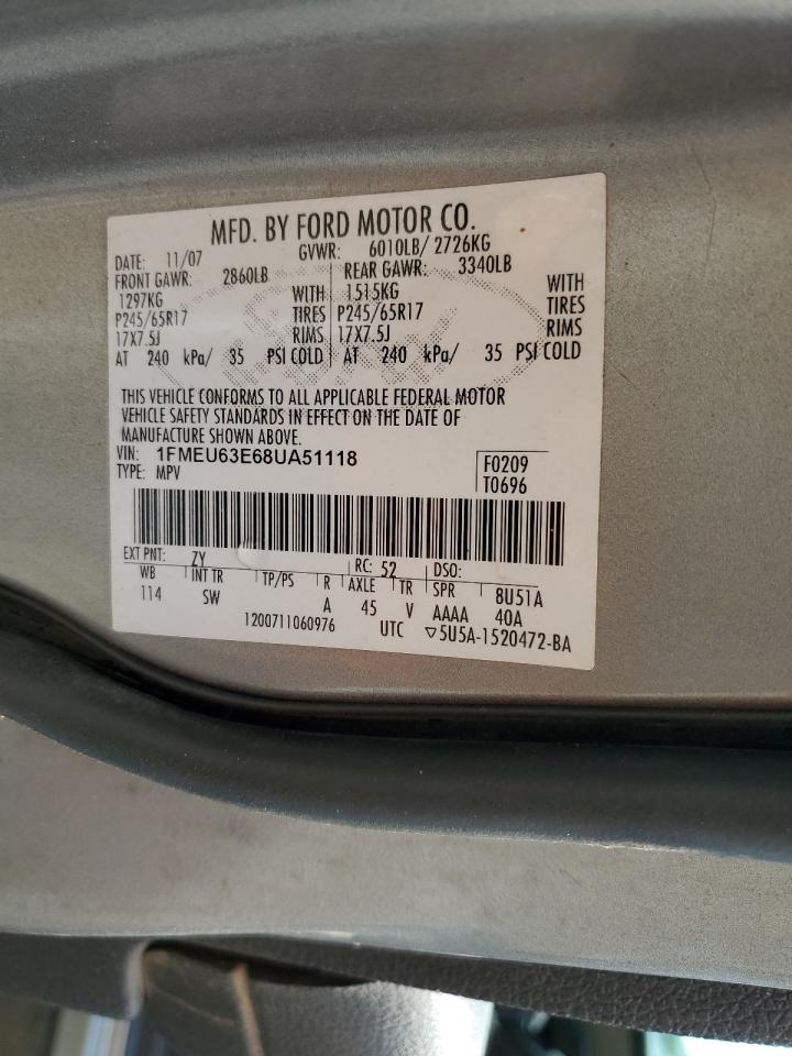 2008 Ford Explorer Xlt VIN: 1FMEU63E68UA51118 Lot: 58637535