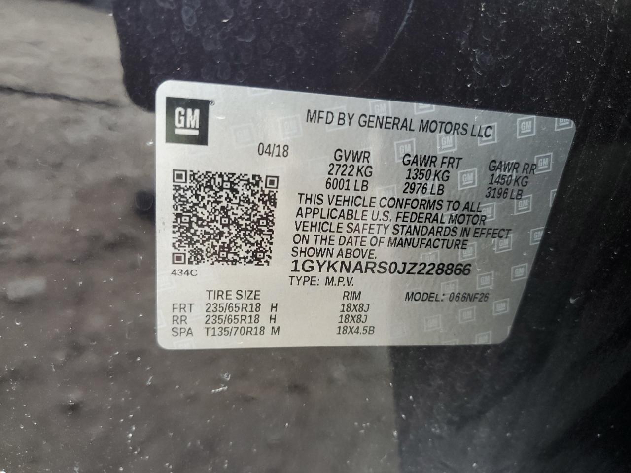 2018 Cadillac Xt5 VIN: 1GYKNARS0JZ228866 Lot: 59240065