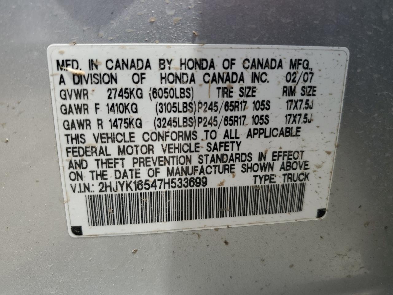 2007 Honda Ridgeline Rtl VIN: 2HJYK16547H533699 Lot: 61100115