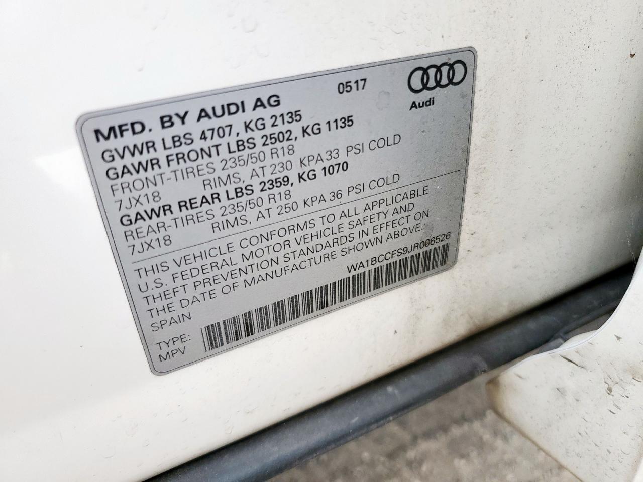2018 Audi Q3 Premium VIN: WA1BCCFS9JR006526 Lot: 62361395
