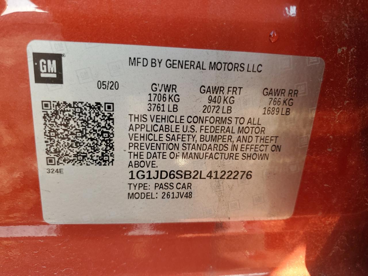 2020 Chevrolet Sonic Lt VIN: 1G1JD6SB2L4122276 Lot: 62630235