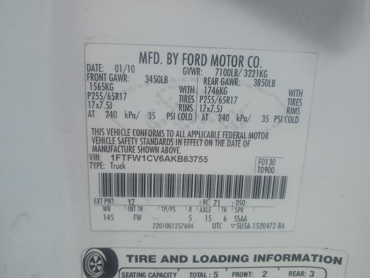 2010 Ford F150 Supercrew VIN: 1FTFW1CV6AKB83755 Lot: 62578495