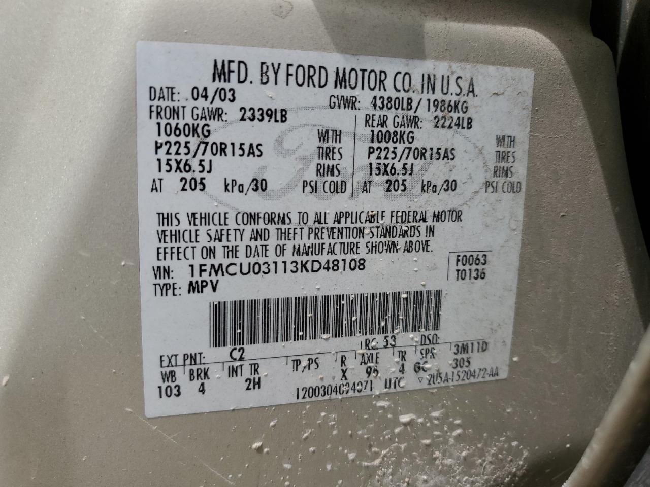 2003 Ford Escape Xlt VIN: 1FMCU03113KD48108 Lot: 60978095