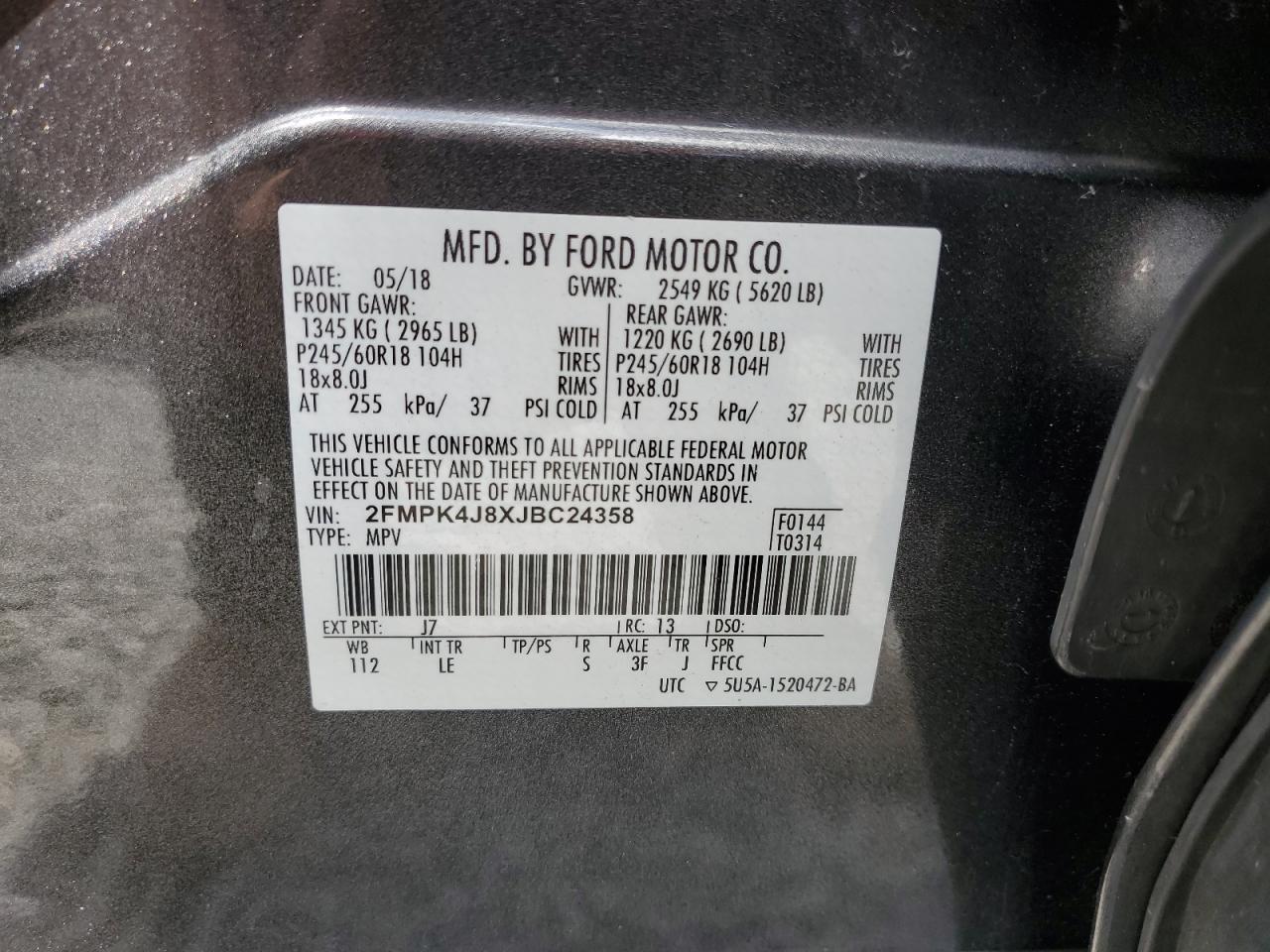 2018 Ford Edge Sel VIN: 2FMPK4J8XJBC24358 Lot: 61647935