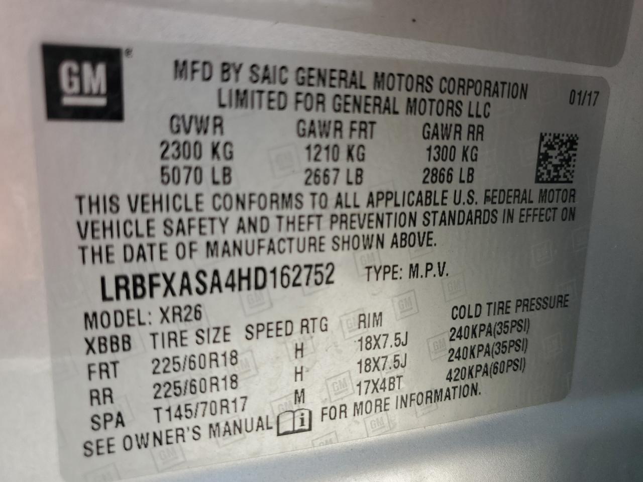 2017 Buick Envision Preferred VIN: LRBFXASA4HD162752 Lot: 60036515