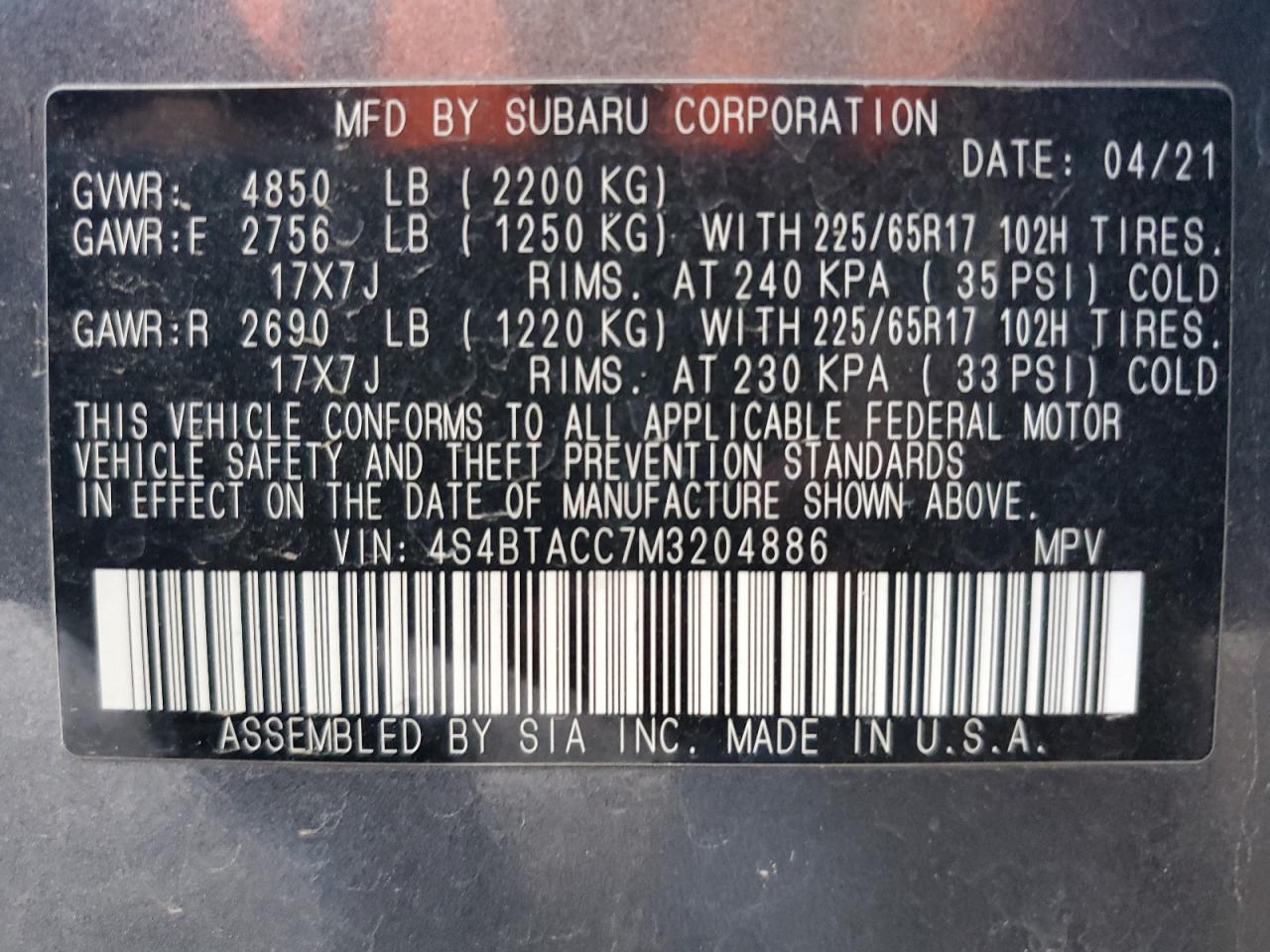 SUBARU OUTBACK 2021 VIN 4S4BTACC7M3204886 zdjęcie 13