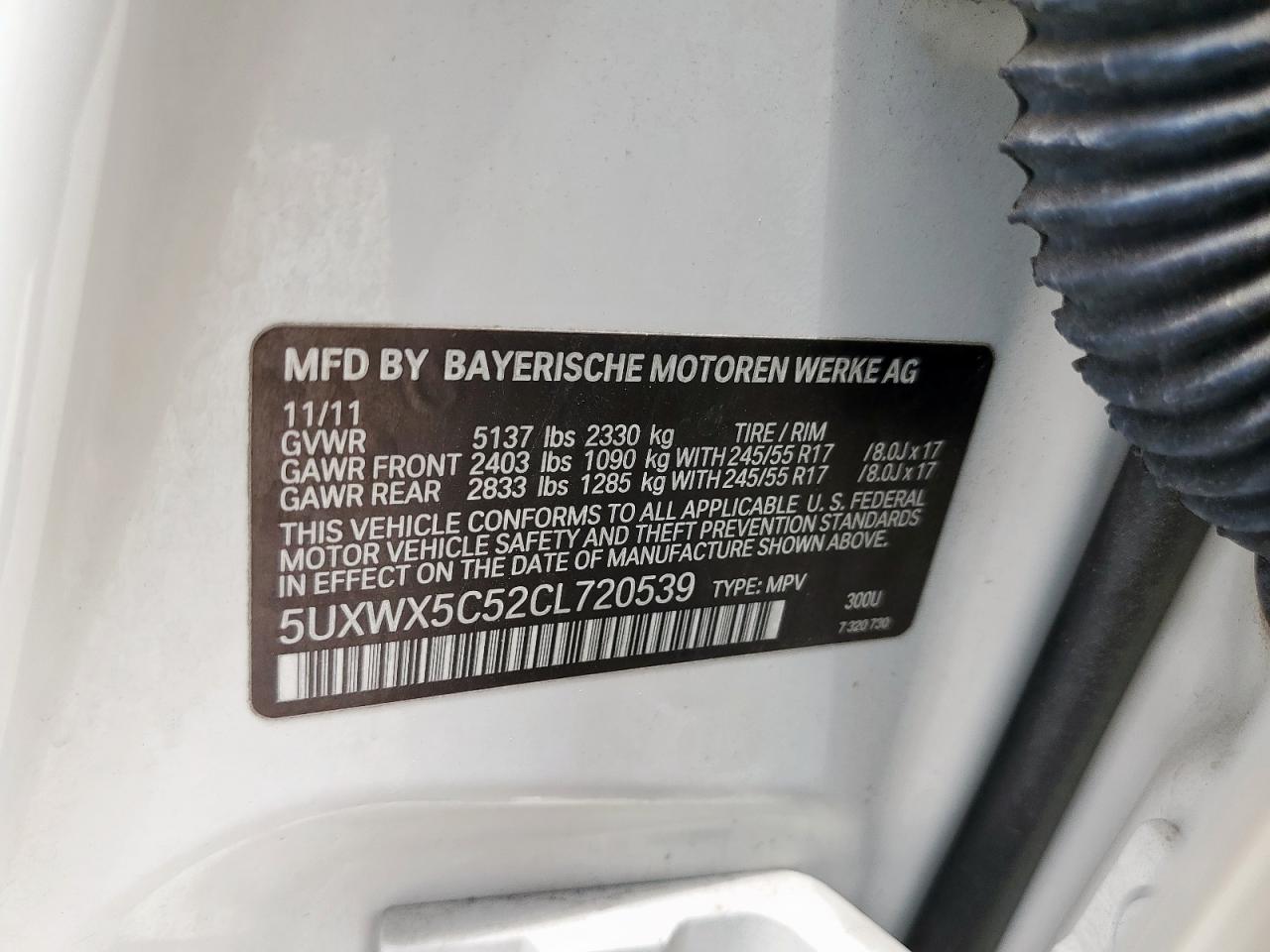 2012 BMW X3 xDrive28I VIN: 5UXWX5C52CL720539 Lot: 62234285