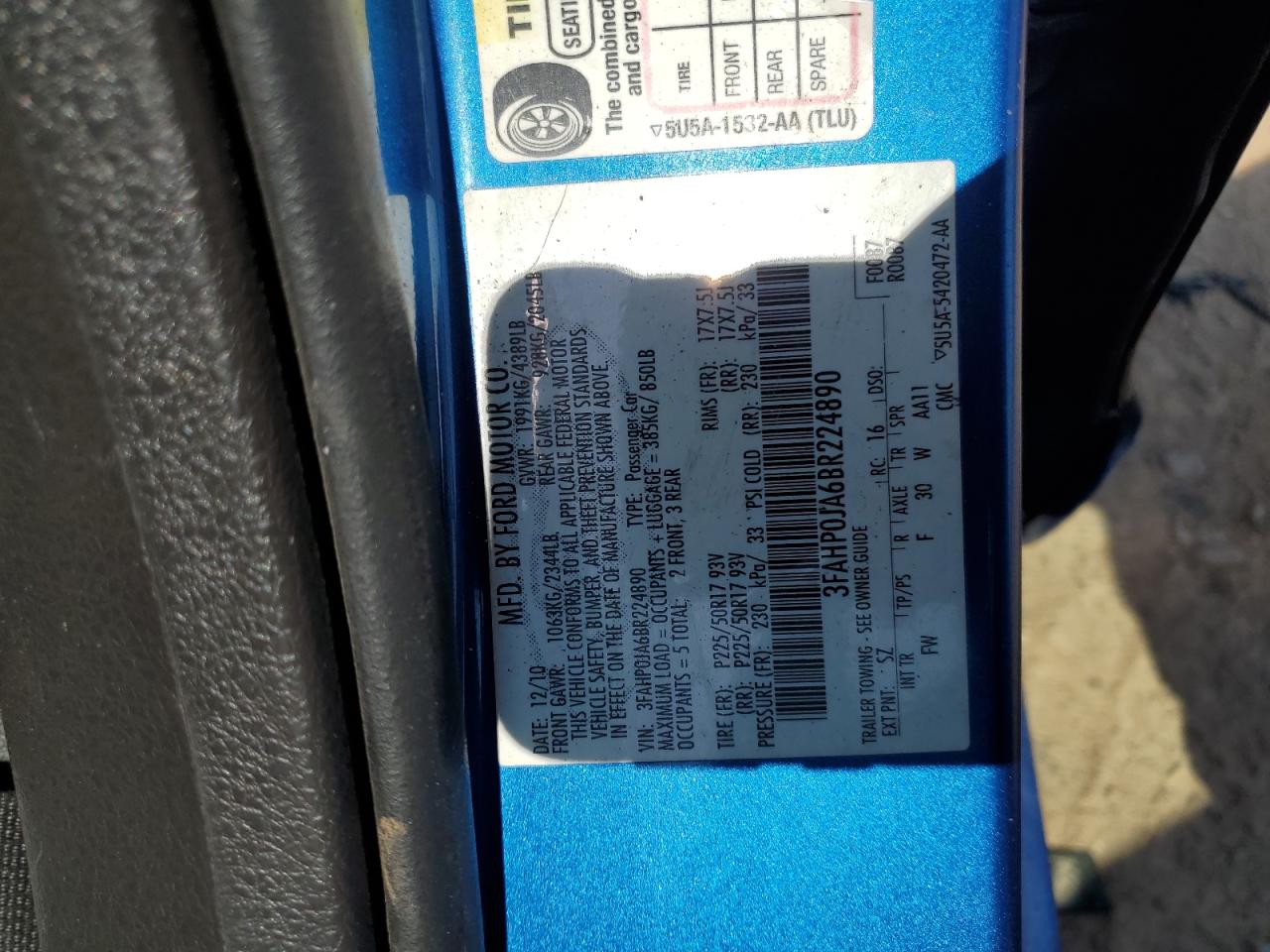 2011 Ford Fusion Sel VIN: 3FAHP0JA6BR224890 Lot: 60393055