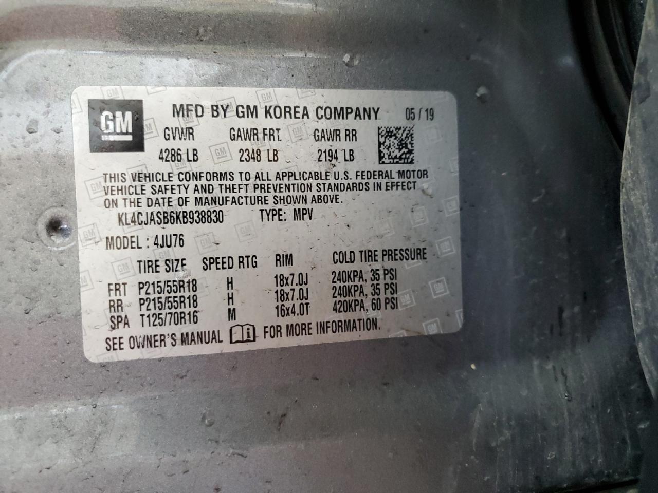 2019 Buick Encore Preferred VIN: KL4CJASB6KB938830 Lot: 62284975