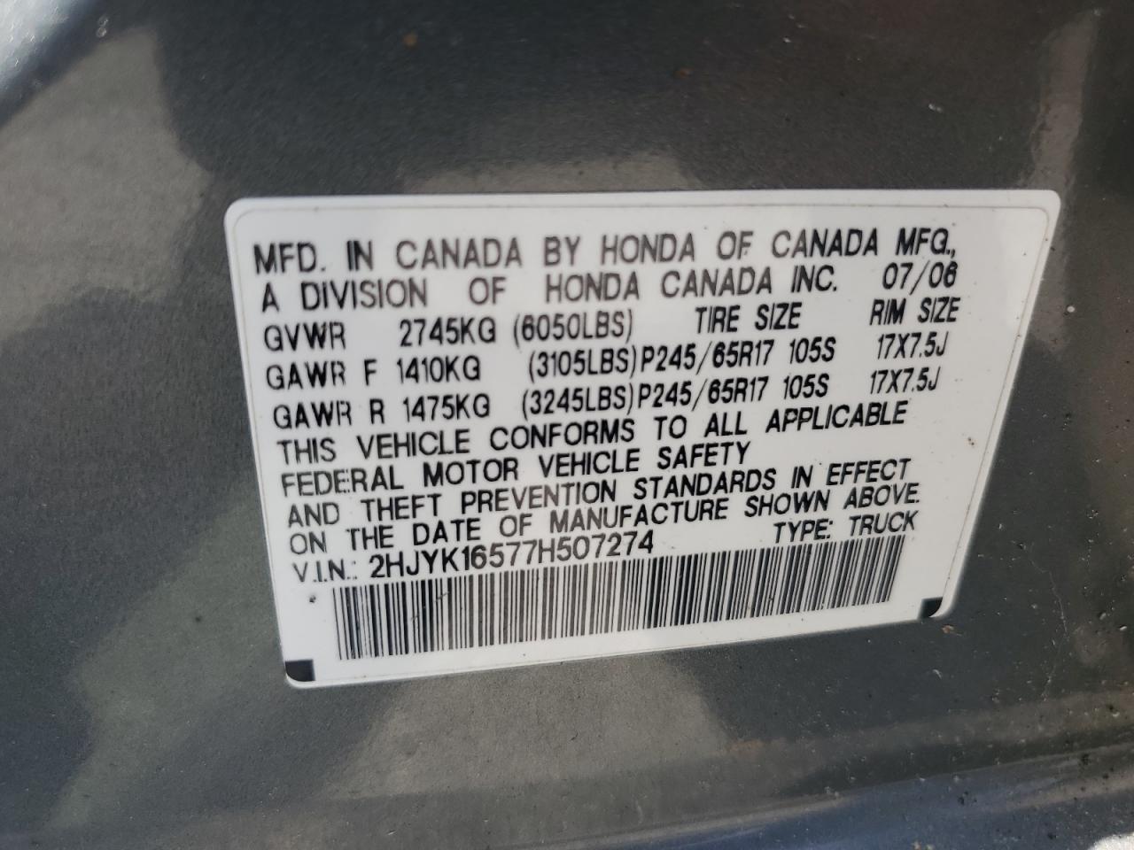 2007 Honda Ridgeline Rtl VIN: 2HJYK16577H507274 Lot: 61649525