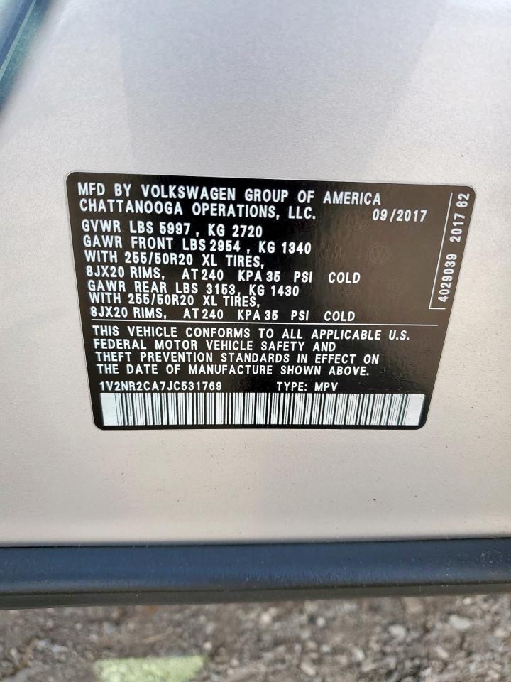 2018 Volkswagen Atlas Sel Premium VIN: 1V2NR2CA7JC531769 Lot: 59205195