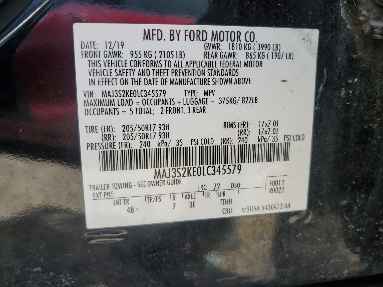 2020 Ford Ecosport Titanium VIN: MAJ3S2KE0LC345579 Lot: 62482705