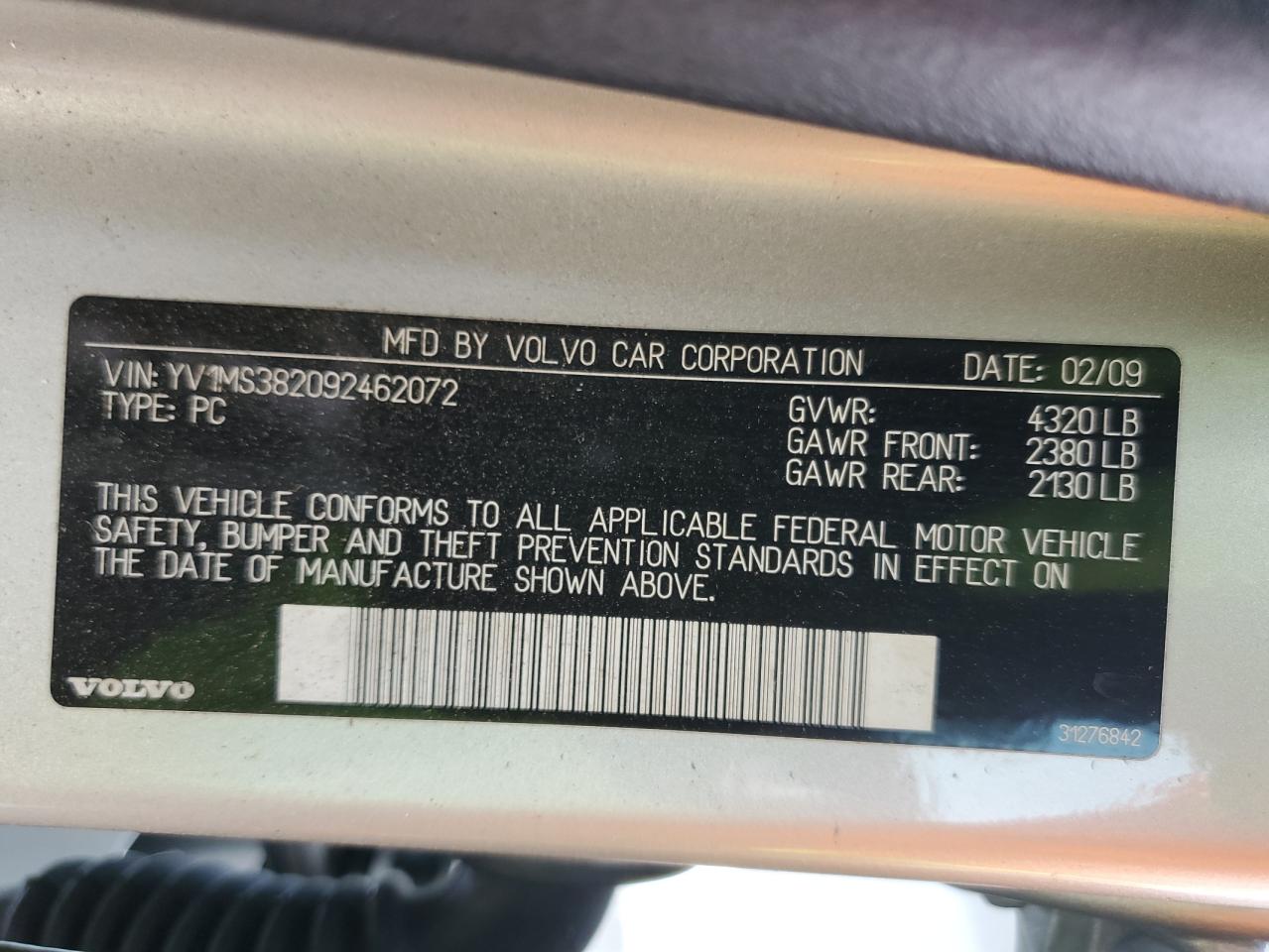 2009 Volvo S40 2.4I VIN: YV1MS382092462072 Lot: 60353765