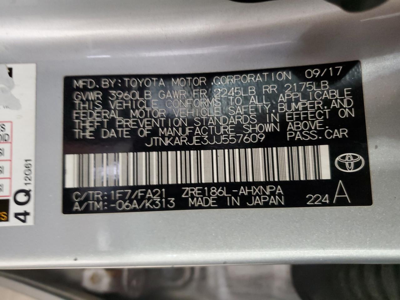 2018 Toyota Corolla Im VIN: JTNKARJE3JJ557609 Lot: 62709405