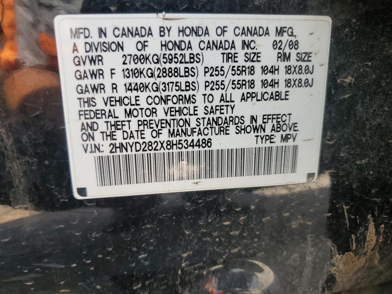 2008 Acura Mdx VIN: 2HNYD282X8H534486 Lot: 59133555