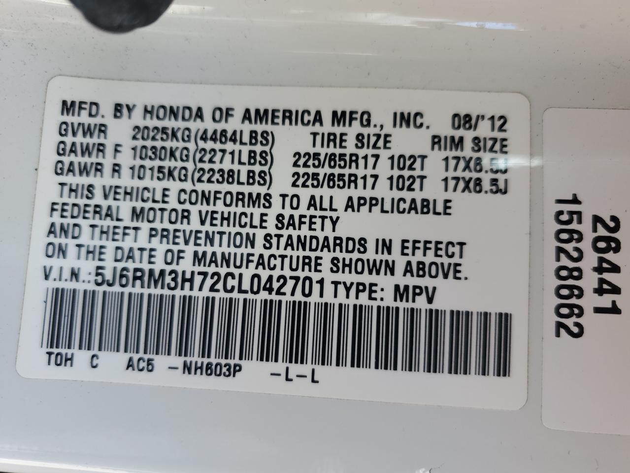 HONDA CRV 2012 VIN 5J6RM3H72CL042701 photo 13