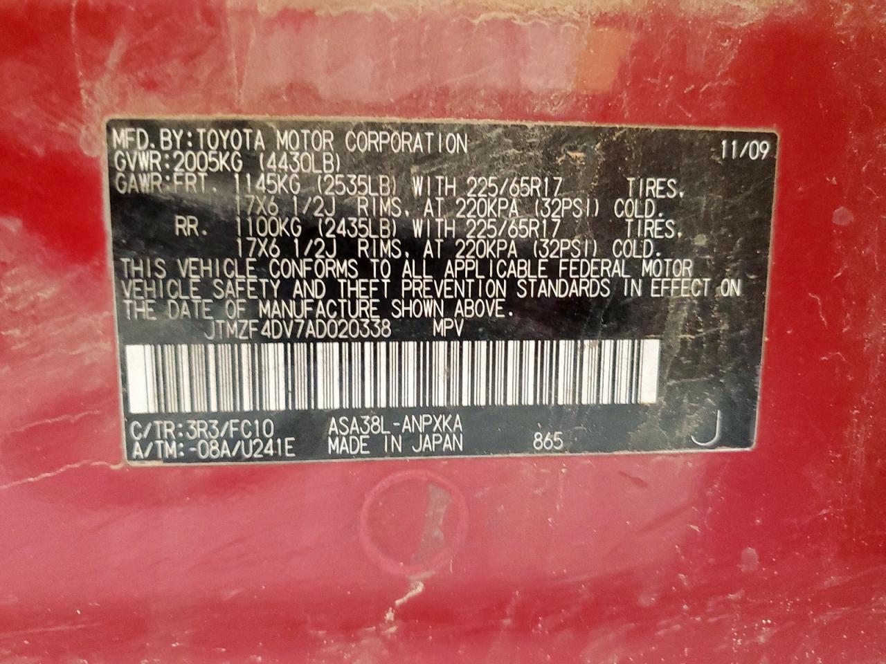 2010 Toyota Rav4 VIN: JTMZF4DV7AD020338 Lot: 60551315