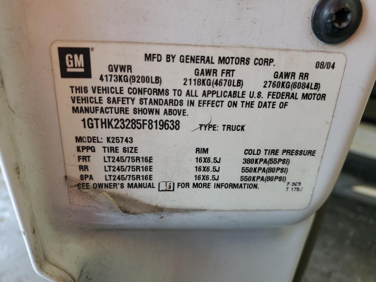 2005 GMC Sierra K2500 Heavy Duty VIN: 1GTHK23285F819638 Lot: 61790655