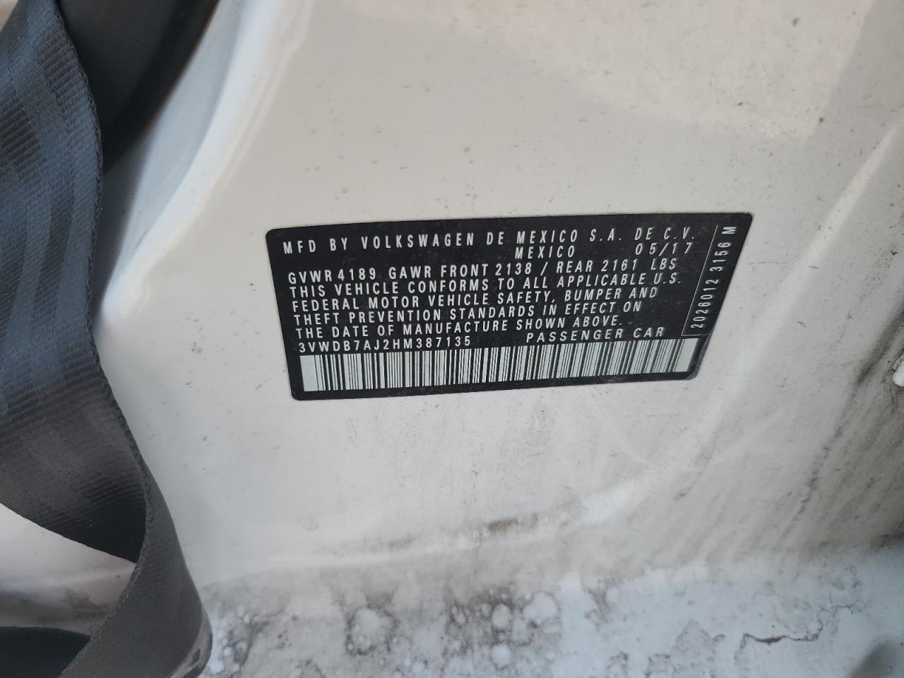 2017 Volkswagen Jetta Se VIN: 3VWDB7AJ2HM387135 Lot: 62031935