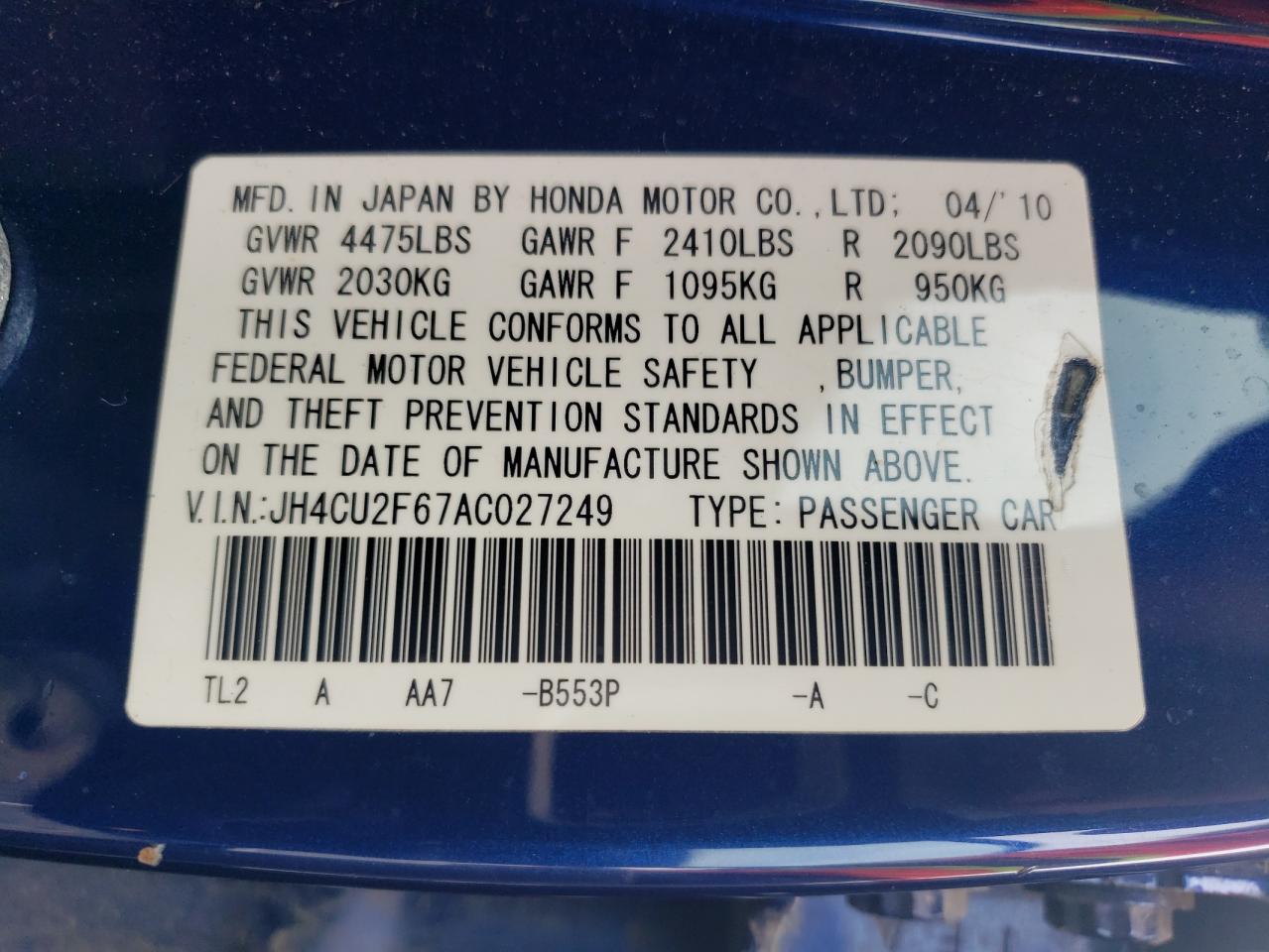 2010 Acura Tsx VIN: JH4CU2F67AC027249 Lot: 62606965