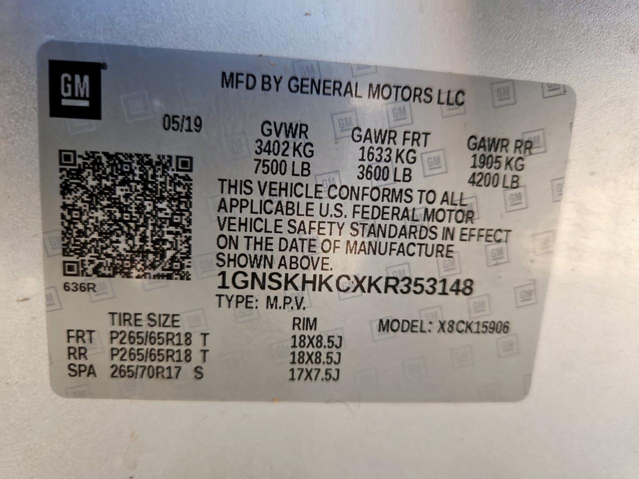 2019 Chevrolet Suburban K1500 Lt VIN: 1GNSKHKCXKR353148 Lot: 61068845