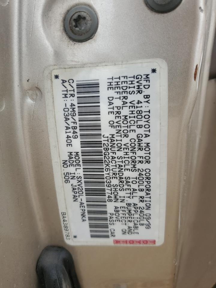 2000 Toyota Camry Ce VIN: JT2BG22K6Y0397748 Lot: 61609265