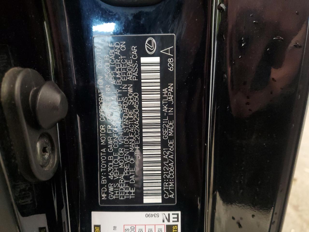 2010 Lexus Is 350 VIN: JTHFE2C2XA2504550 Lot: 59942775